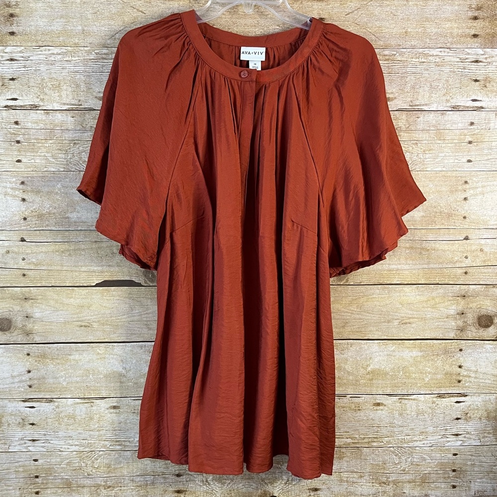 Ava & Viv Dark Orange Pullover Tunic Blouse Flowy Loose Flutter Sleeves 1X EUC